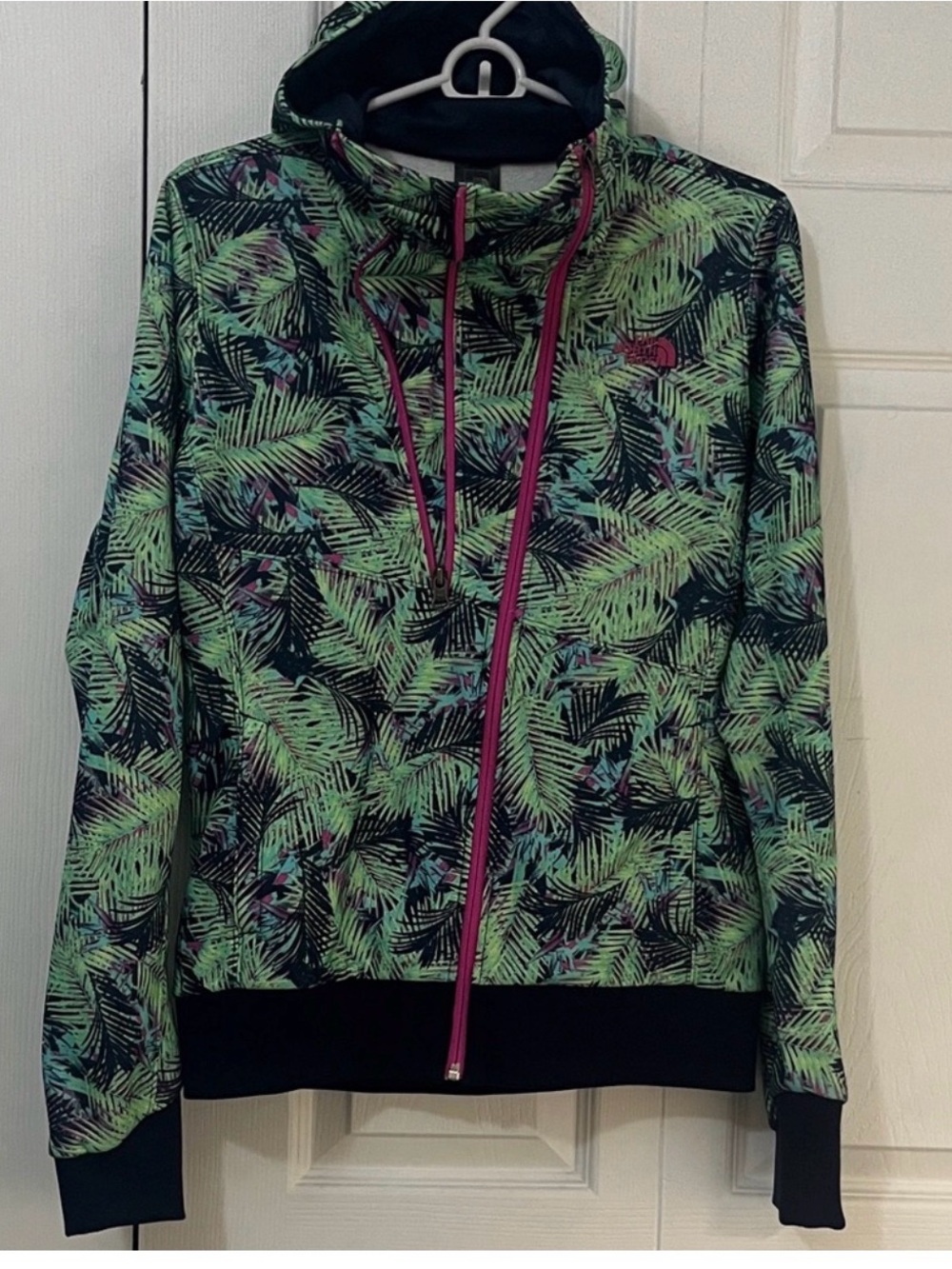 The North Face Women's Green Palm-Print Hoodie / Jacket with Pink Trim